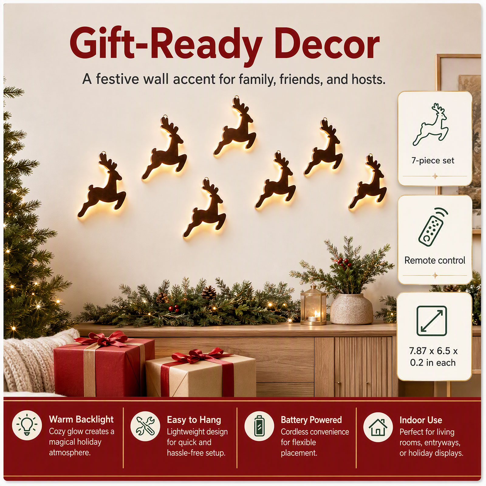 Lighting Christmas Decor - 나무로 만든 루돌프 장식 7개 세트,