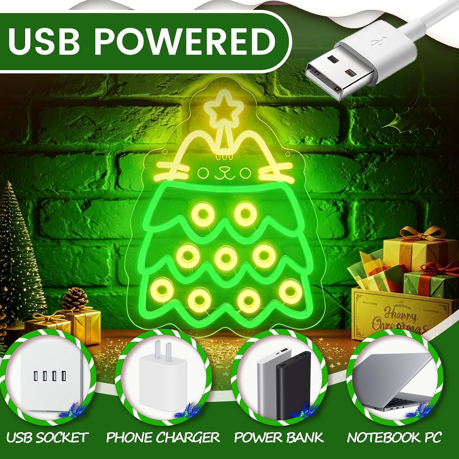 크리스마스 트리 LED 네온 간판, USB 전원 방식, - Lighting Christmas Decor 리뷰 및 가격
