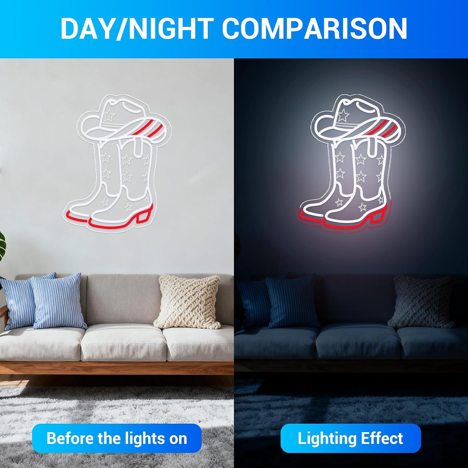 카우보이 부츠와 모자 모양의 LED 네온 간판, USB - Lighting Decoration Ideas 리뷰 및 가격